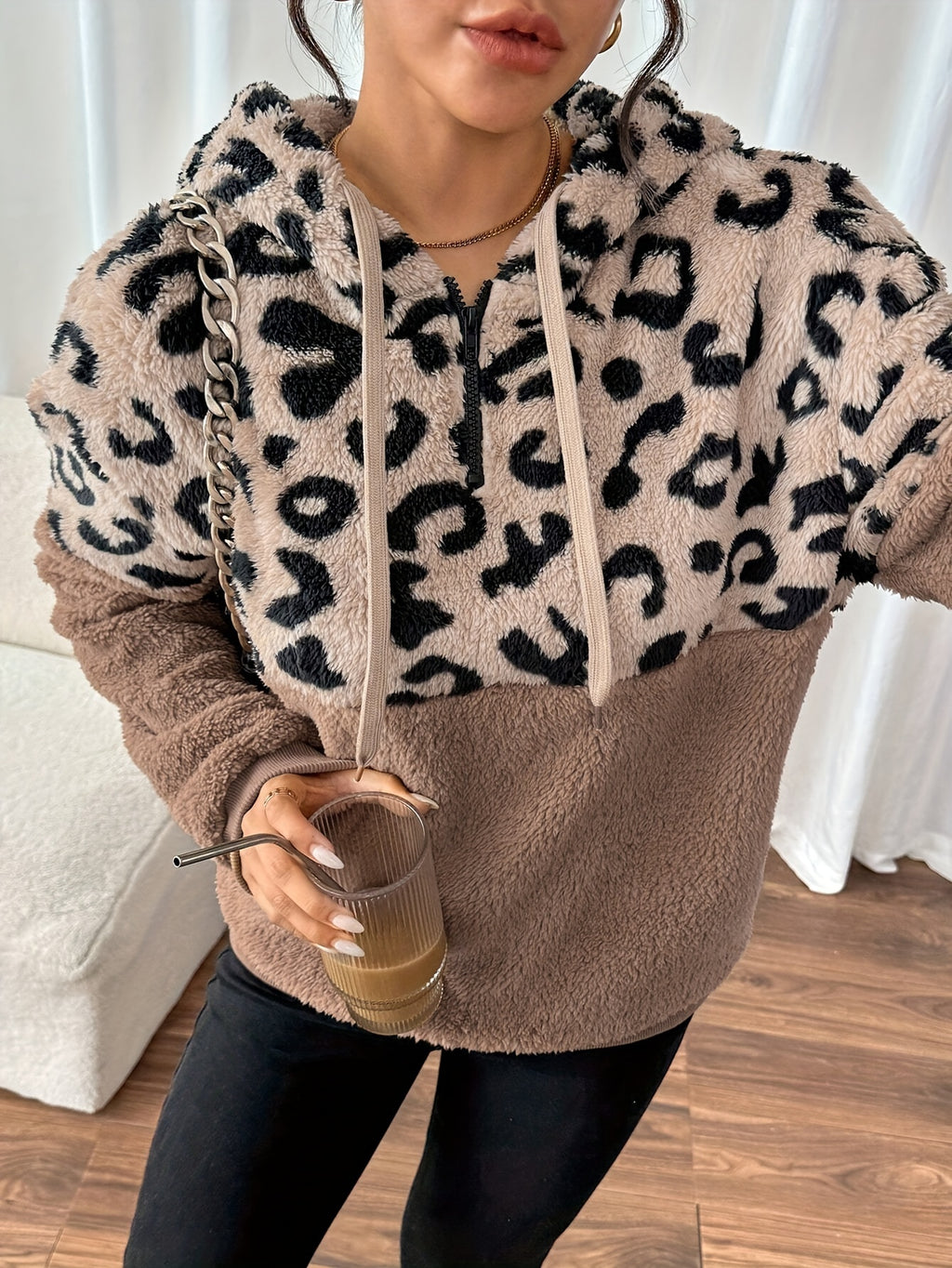 Agatha | Damestrui met luipaardprint - Knus Teddy Pluche Sweatshirt, Polyester Contrast Trui, Casual Gebreide Top met Capuchon