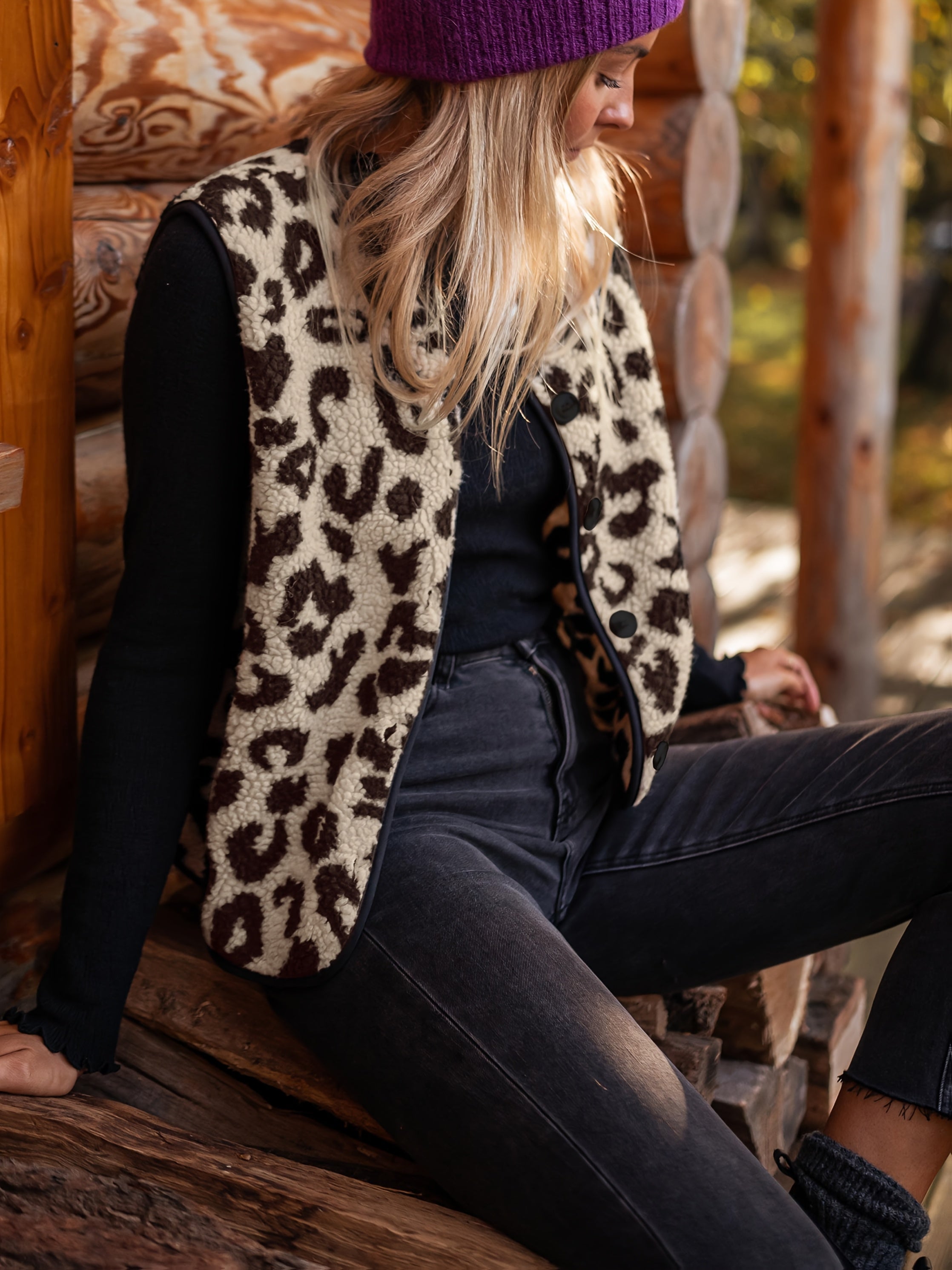 Orlaith | Damesvest met fluwelen luipaardprint en V-hals knoopsluiting mouwloos vest