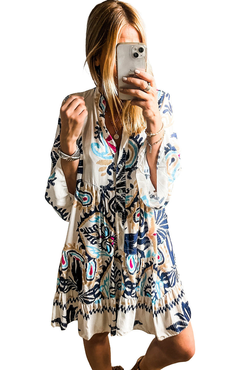 Ravienna | Women's Tribal Print Mini Dress - Button-Up, Bracelet Sleeve, Boho Chic