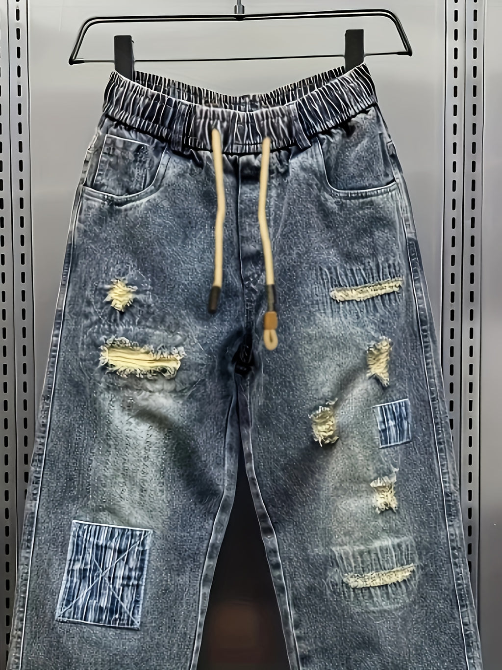 Nyxen | Damesbroek van patchwork-denim in distressed-look