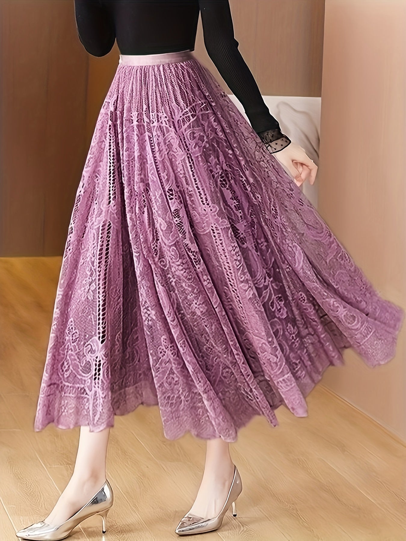 Gisla | Elegante A-lijn rok met kant - holle schulprand, casual midi-rok voor vrouwen