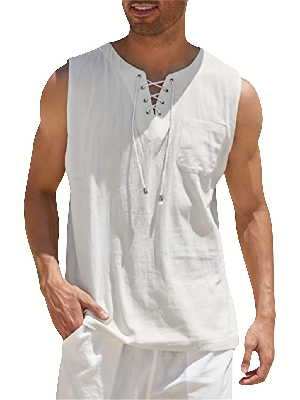Morten | Débardeur sans manches en coton et lin pour homme, col en V - T-shirt d'été léger