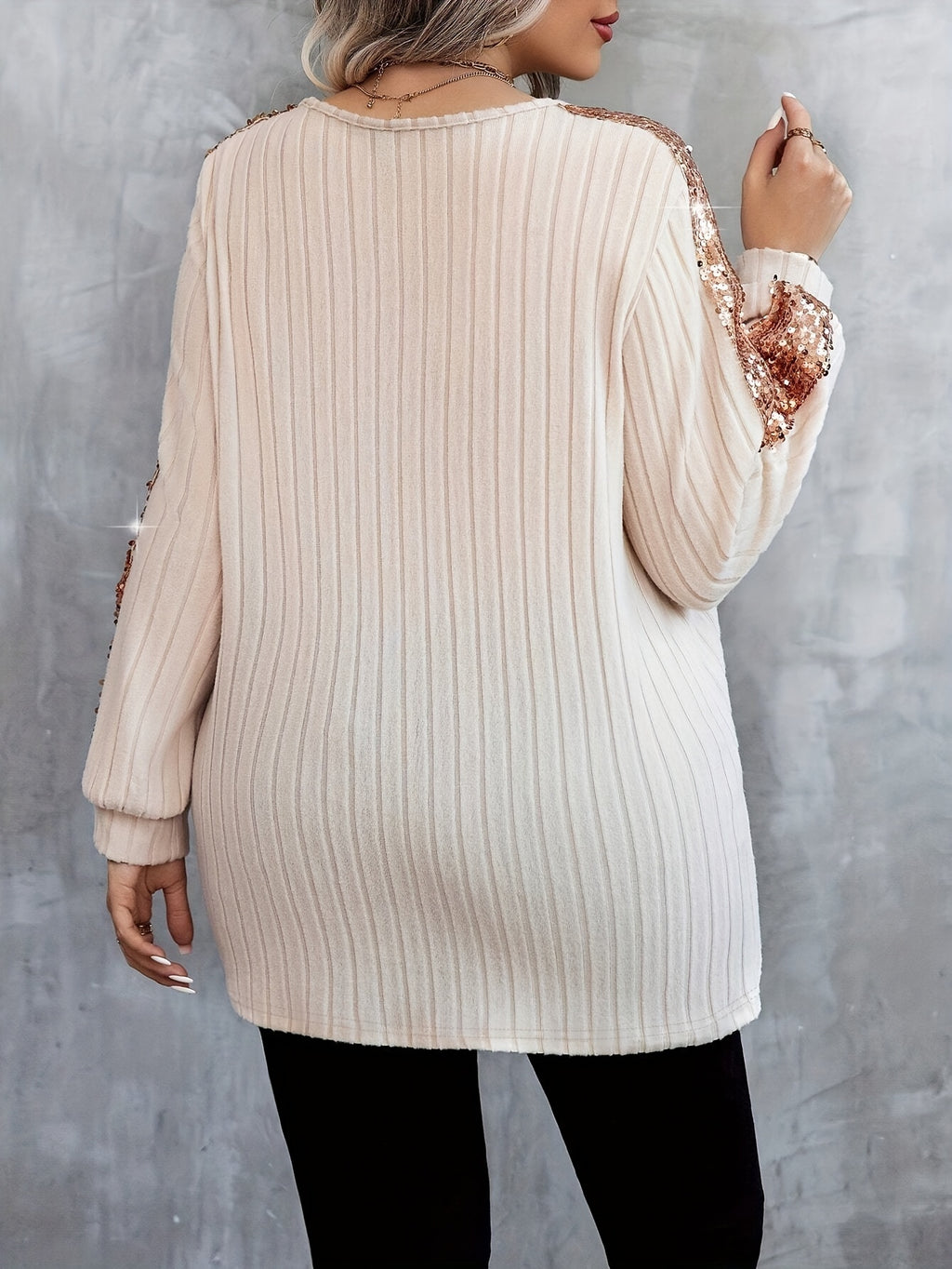 Gwenaelle | Dames-T-shirt met lange mouwen en paillettenprint, casual top met V-hals en paillettenprint