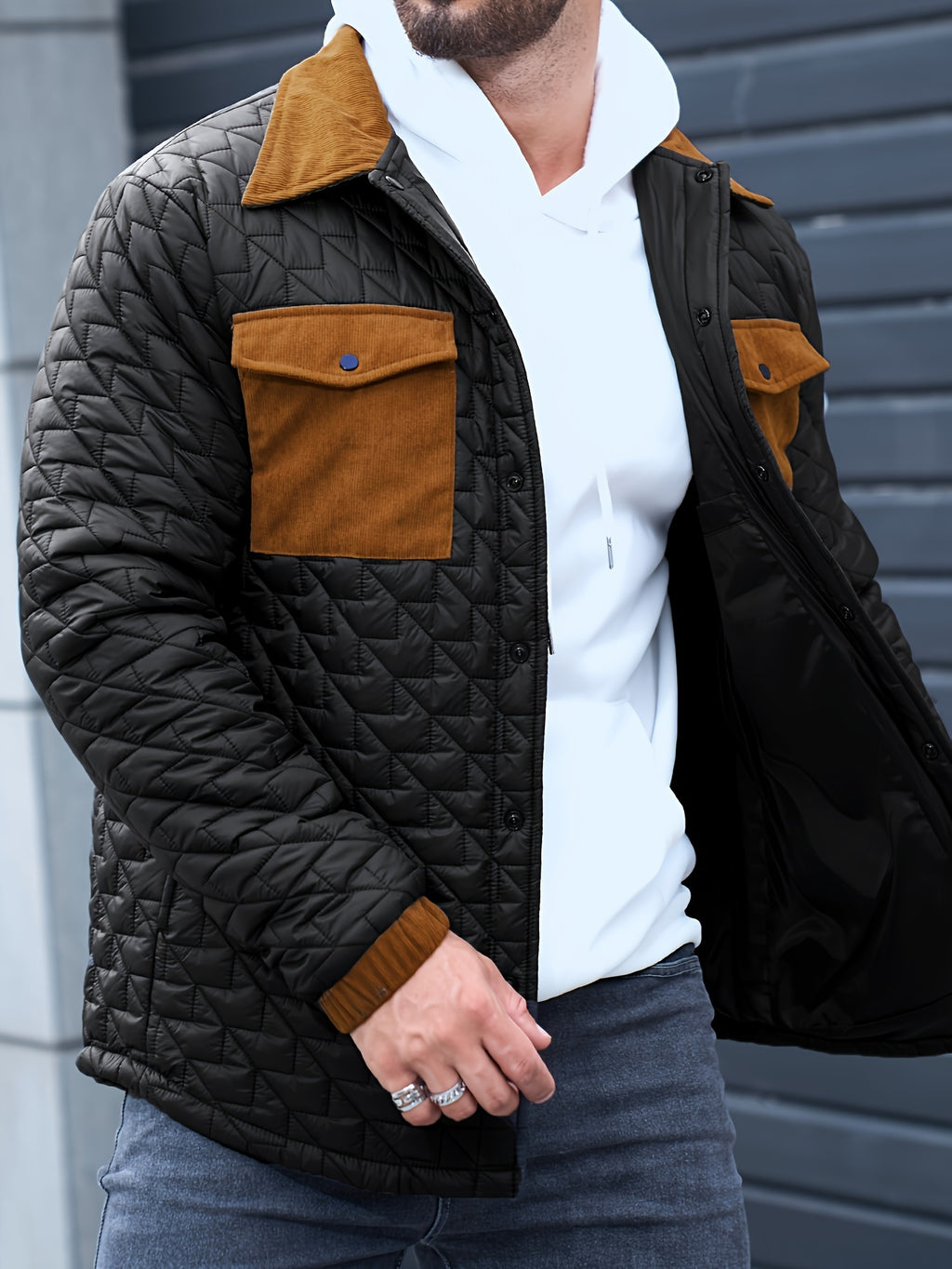 Fortino | Men's Padded Jacket - Contrasting Pockets, Regular Fit, Button Closure