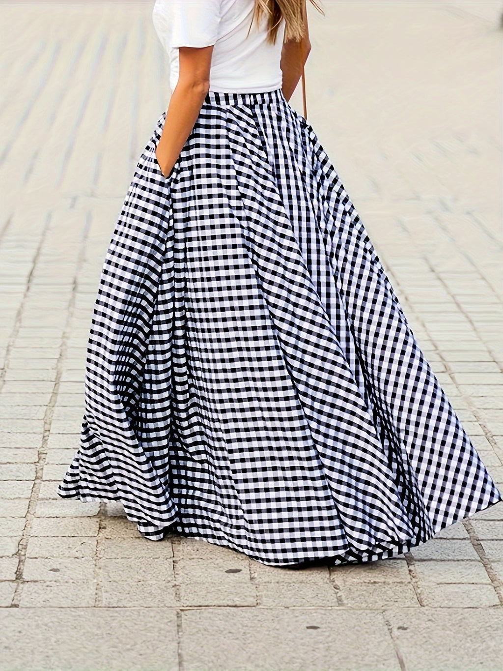 Mirthea | Gingham Midi Skirt for Women - high waist, flowy A-line, elegant and lightweight