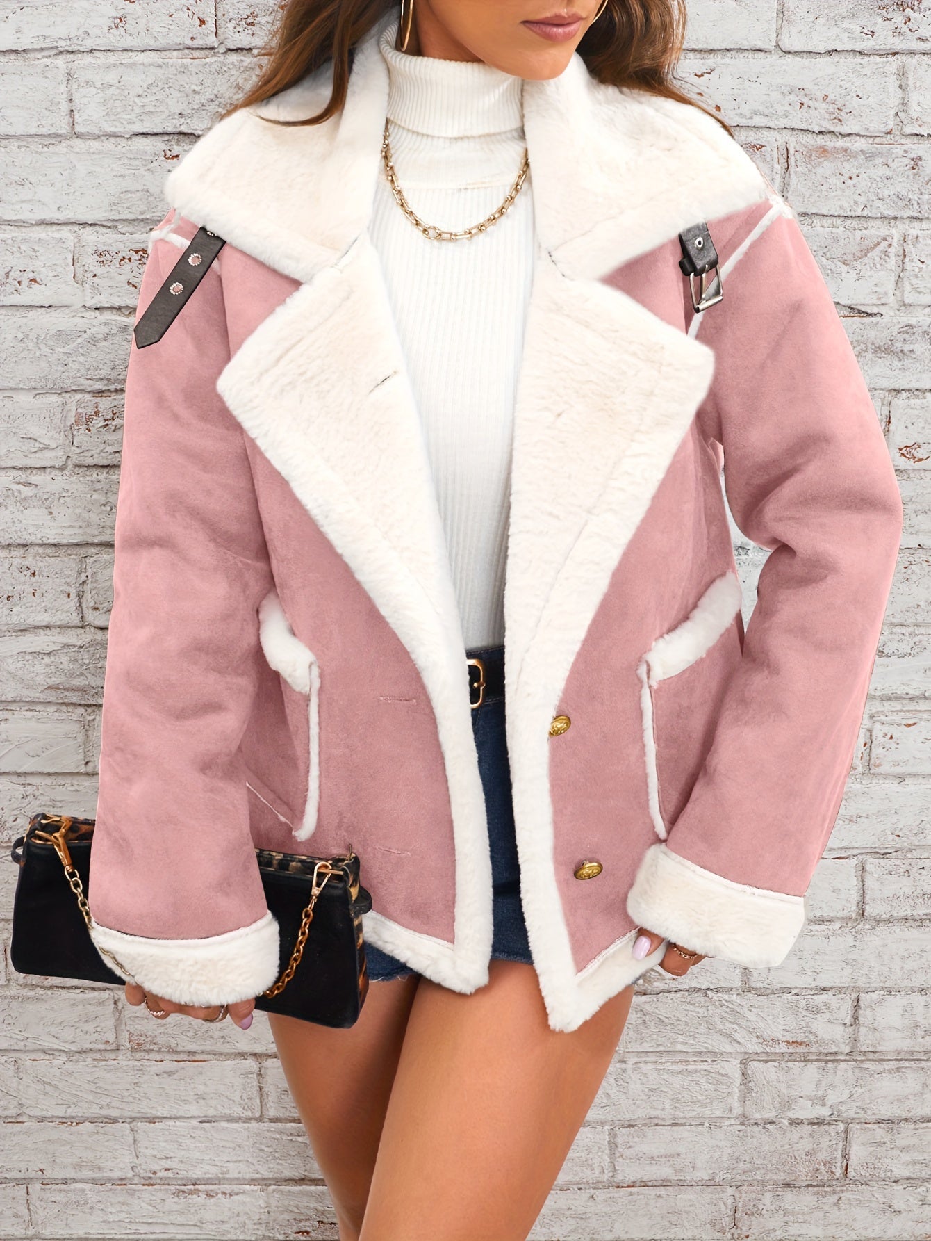 Daryna | Damesjas Suède Oversized Bontgevoerd Aviatorjack - Elegante Faux Shearling Mantel