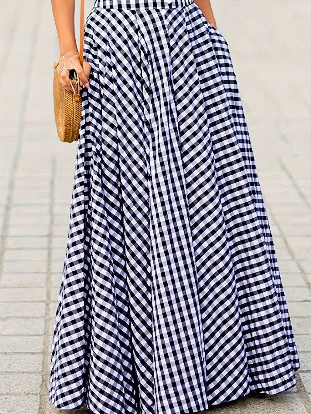 Mirthea | Gingham Midi Skirt for Women - high waist, flowy A-line, elegant and lightweight
