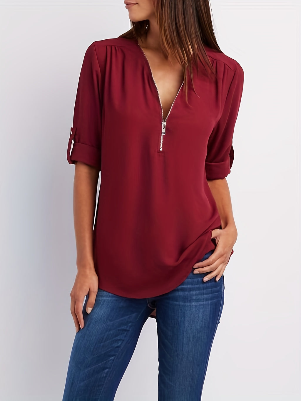 Veridiana | Damesblouse met V-hals en halve rits - Casual mouwen met gerimpelde mouwen, elegant en ademend