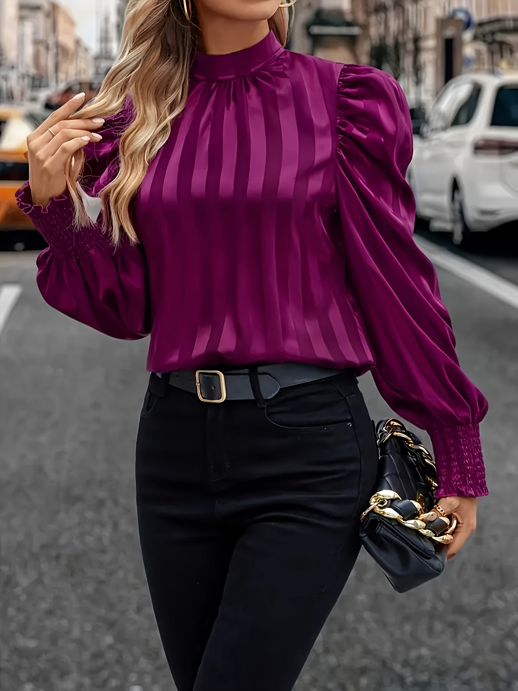 Kairi | Satijnen Hoge Hals Blouse voor Vrouwen - Elegante Top met Pofmouwen, Stijlvolle Vrouwenblouse