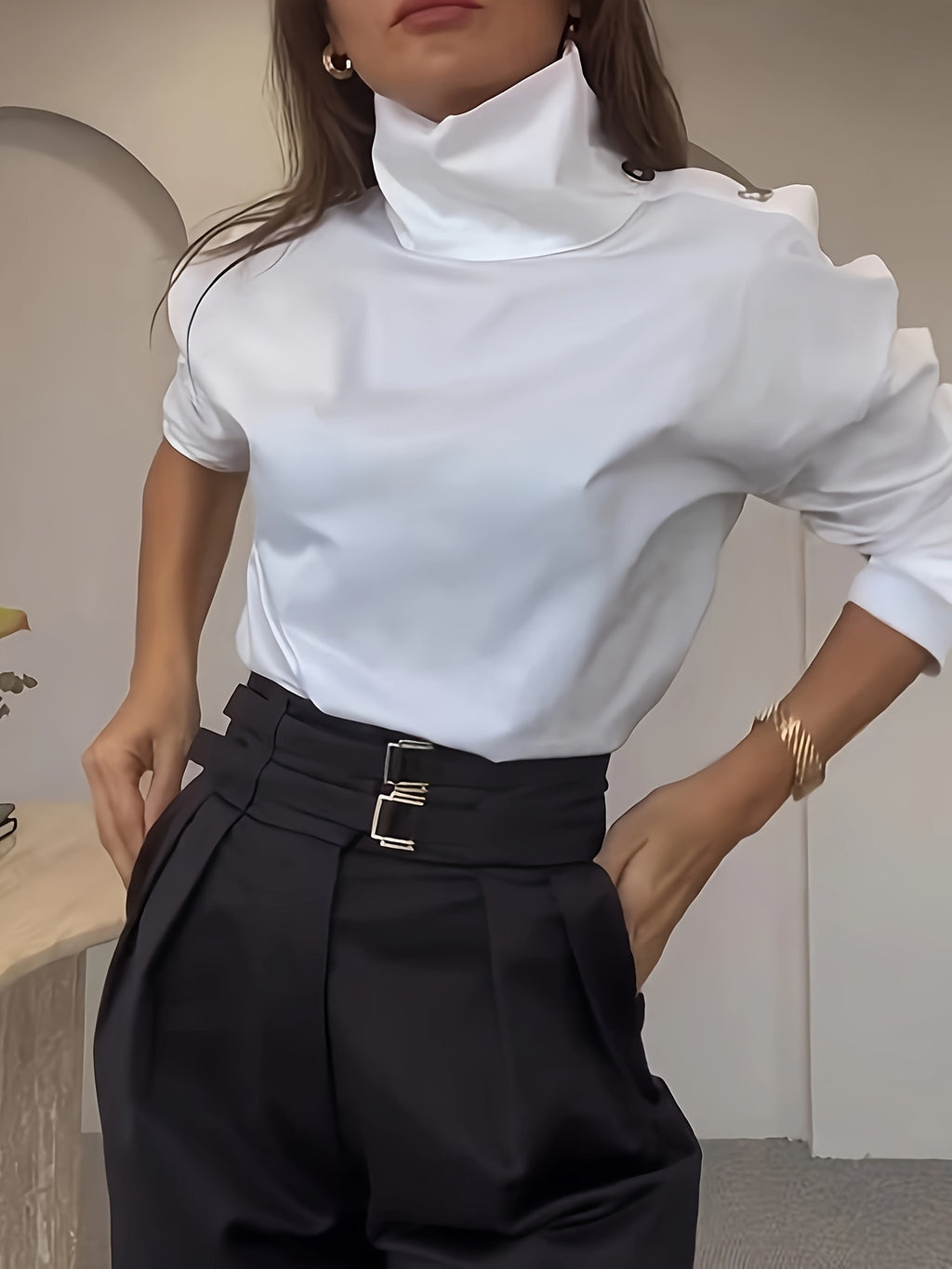 Mazarine | Elegant women's blouse with high neck - long sleeves, button detail, lightweight polyester