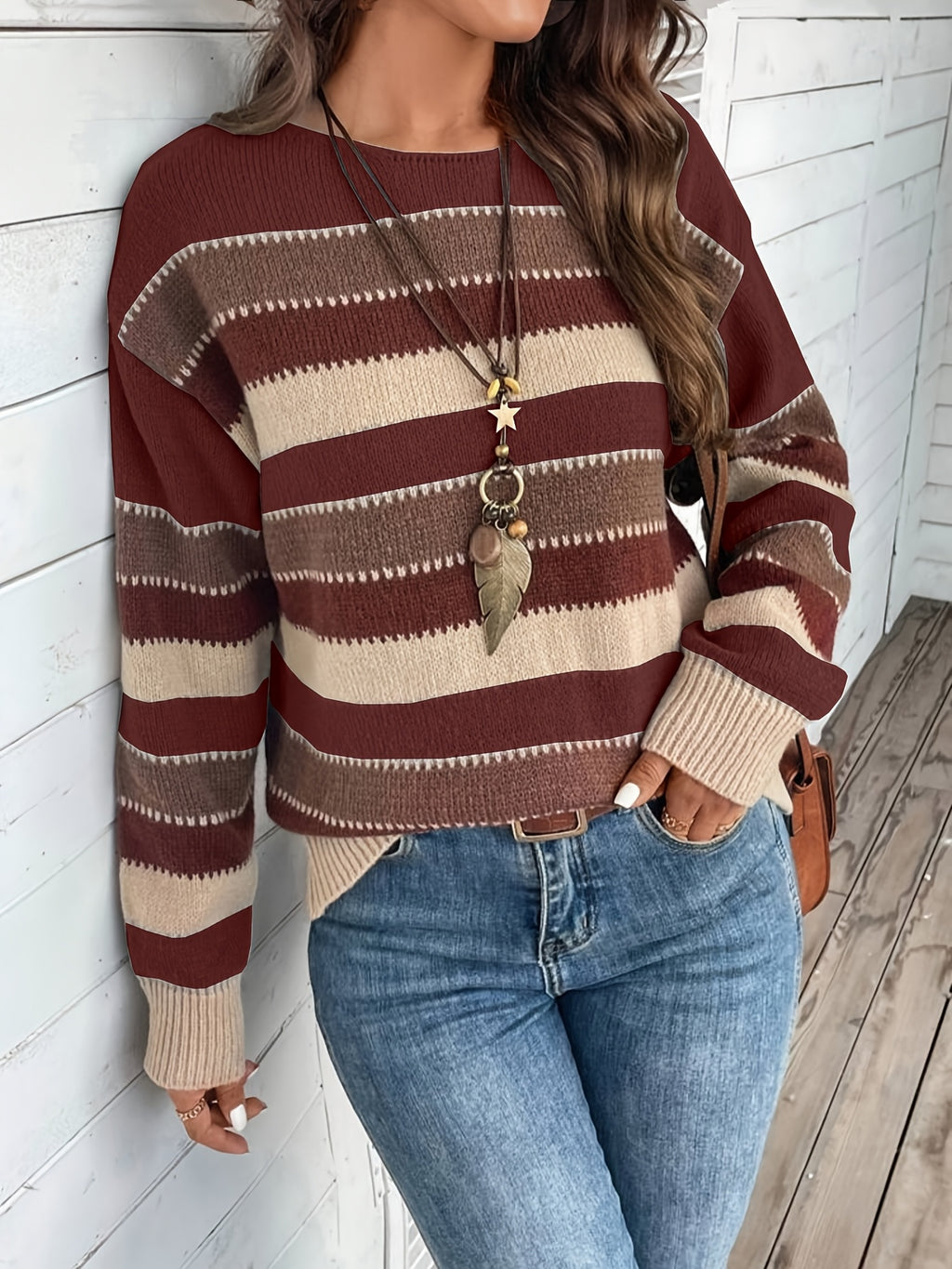 Freja | Dames Trui met Kleurblok Streepjes Ronde Hals - Vintage Pullover Met Lange Mouwen voor Vrijetijdskleding