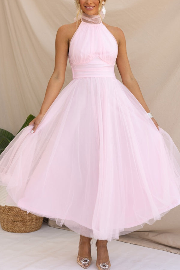 Bellina | Elegant Long Halter Neck Dress - Mesh Fabric