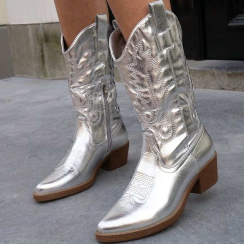 Stellara | Bottes de cowboy métallisées pour femmes, semelle épaisse, bout pointu, chaussures d'automne élégantes