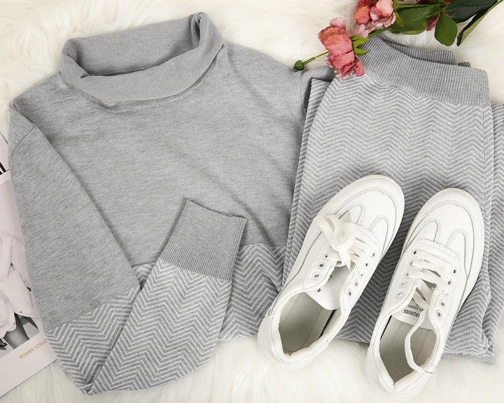 Acacia | Elegant coltrui & broek tweedelig damesset met Chevronpatroon - stijlvolle winteroutfit