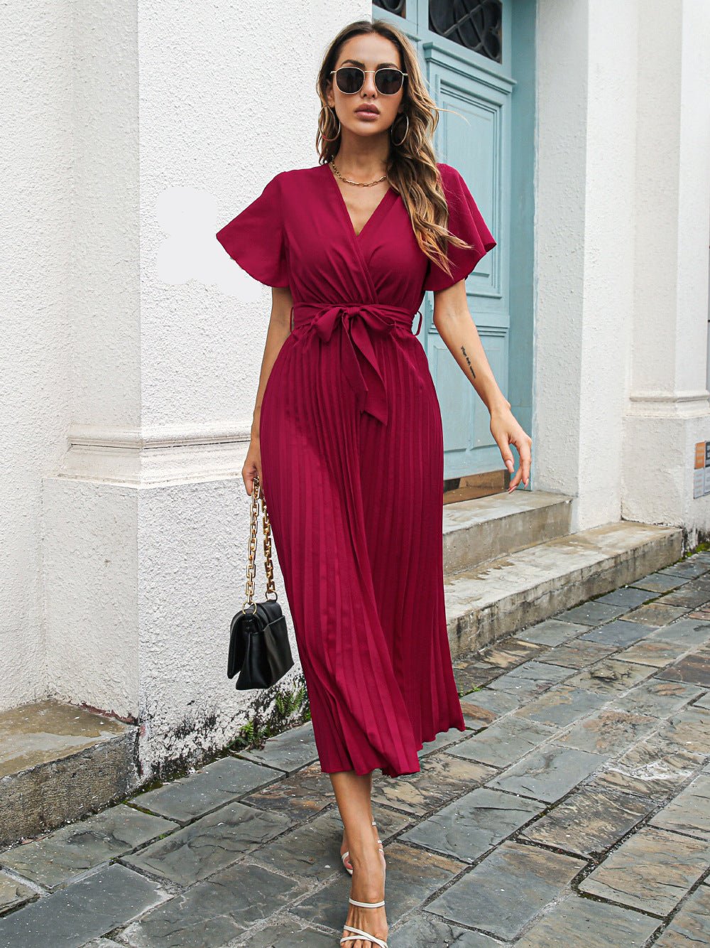 Sylvessa | Elegant Women's Wrap Dress - Pleated Skirt, Tie Waist, V-Neck