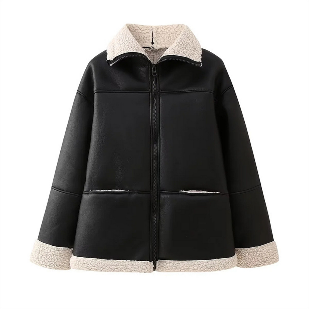 Delyraella | Oversized leren jas voor dames – Warme winterjas met fleecevoering, casual chique bovenkleding
