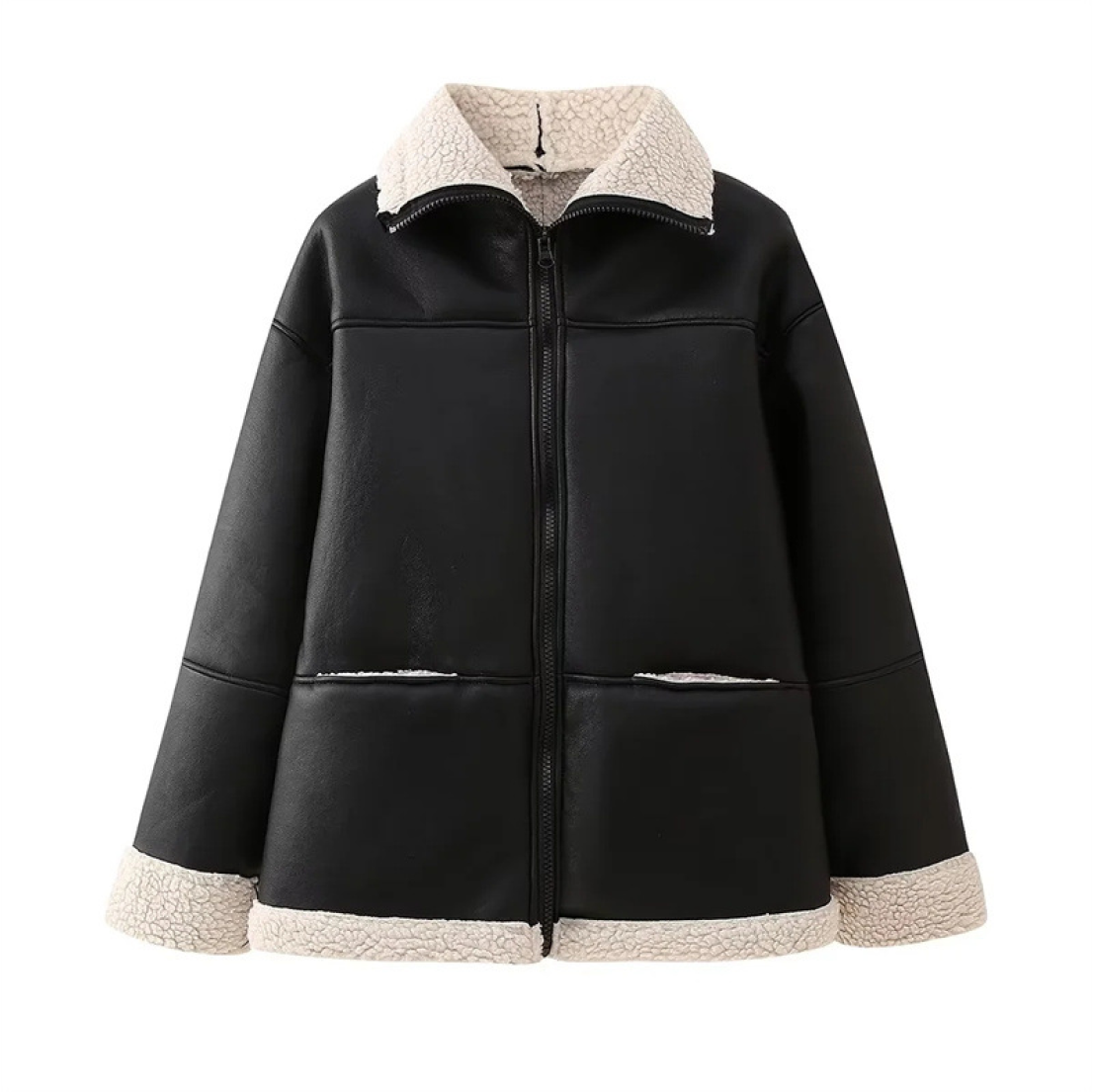 Delyraella | Oversized leren jas voor dames – Warme winterjas met fleecevoering, casual chique bovenkleding