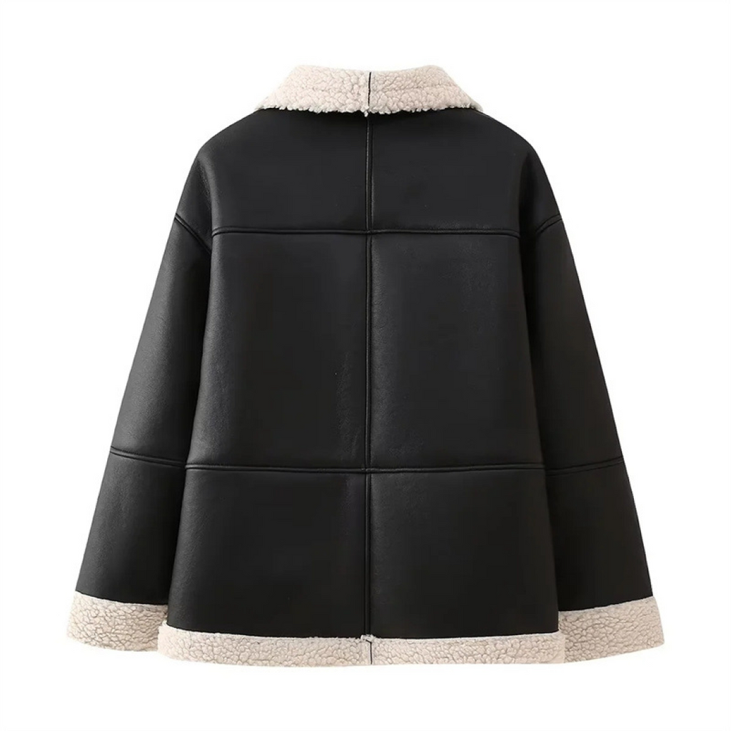 Delyraella | Oversized leren jas voor dames – Warme winterjas met fleecevoering, casual chique bovenkleding