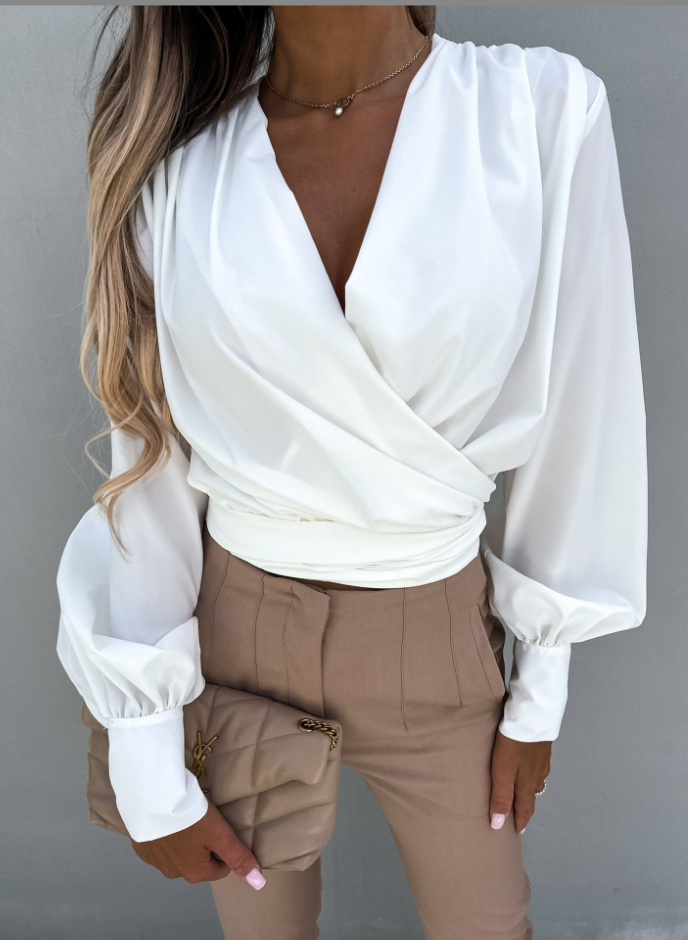 Amoriel | Elegante wikkelblouse – Top met lange mouwen, V-hals, gerimpelde taille en opvallende pofmouwen