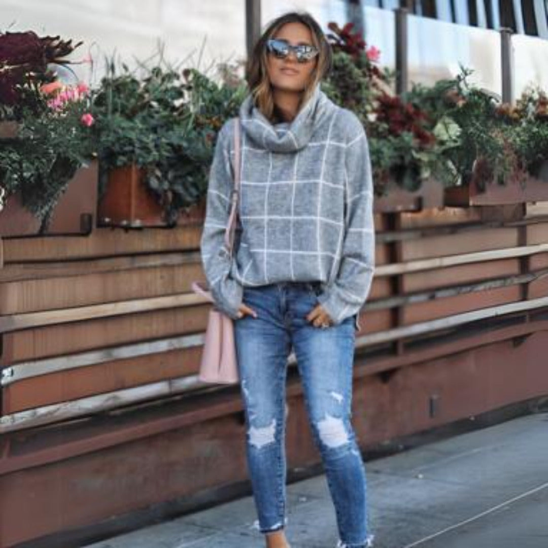 Jovana | Losse coltrui voor dames - Zacht katoen, vierkante patronen, casual & knusse trui