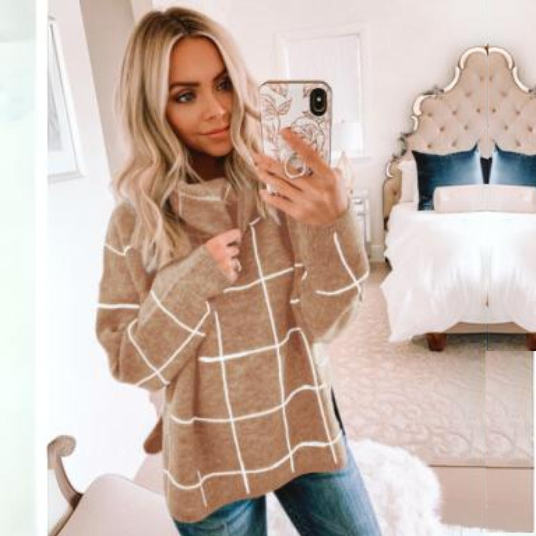 Jovana | Losse coltrui voor dames - Zacht katoen, vierkante patronen, casual & knusse trui