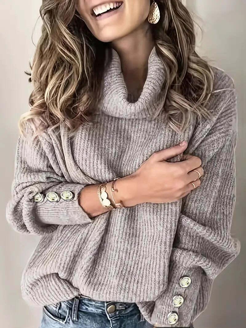 Joselyn | Elegante oversized dames coltrui met geribde boorden en knoopaccenten - Knusse & stijlvolle top