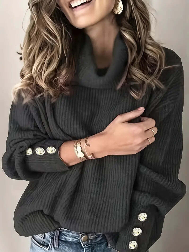 Joselyn | Elegante oversized dames coltrui met geribde boorden en knoopaccenten - Knusse & stijlvolle top