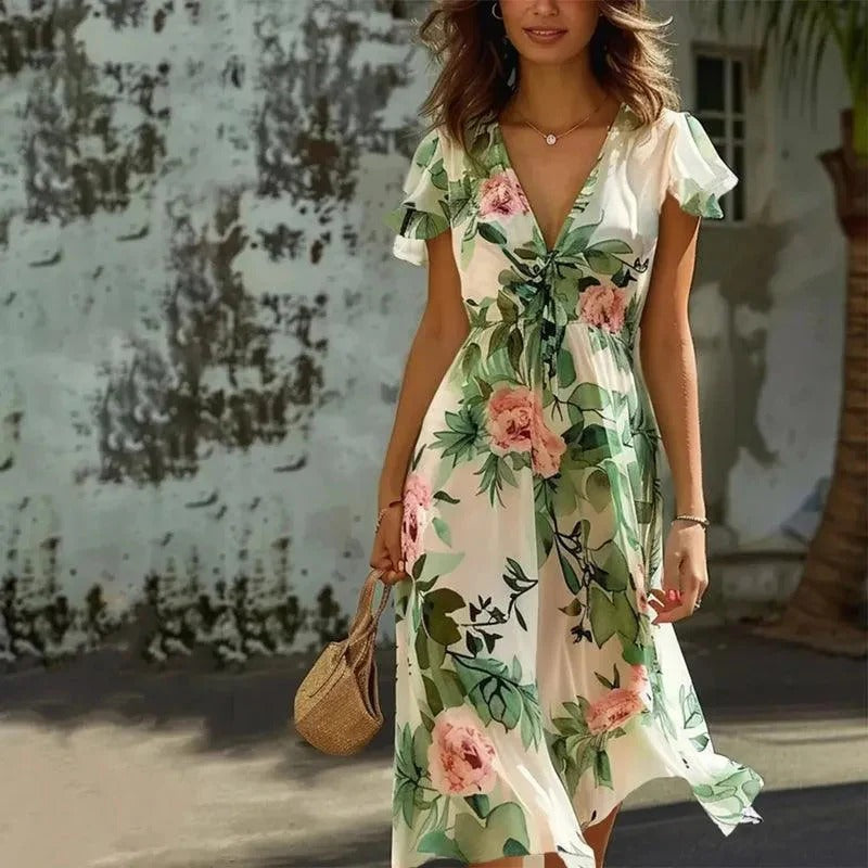 Eloryth | Damesjurk met bloemenprint, halflange mouwen, A-lijn, zomerjurk