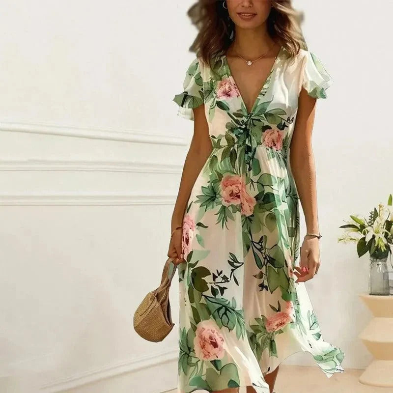 Uunira | Midi-jurk met bloemenprint voor dames – Luchtige A-lijn zomerjurk