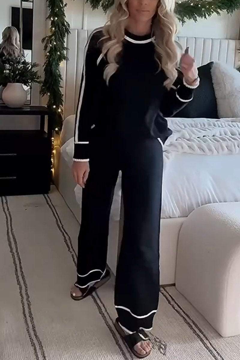 Larise | Dames gebreide tweedelige set – trui met ronde hals en wijde broek