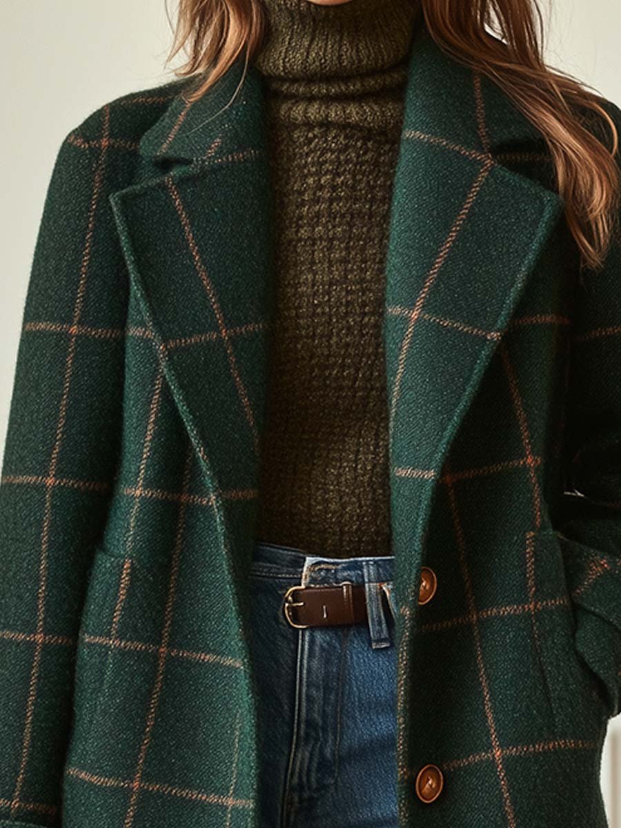 Derelle | Retro Check Tweed Jas met Revers – Vintage Stijl, Lange Mouwen, Klassiek Elegant