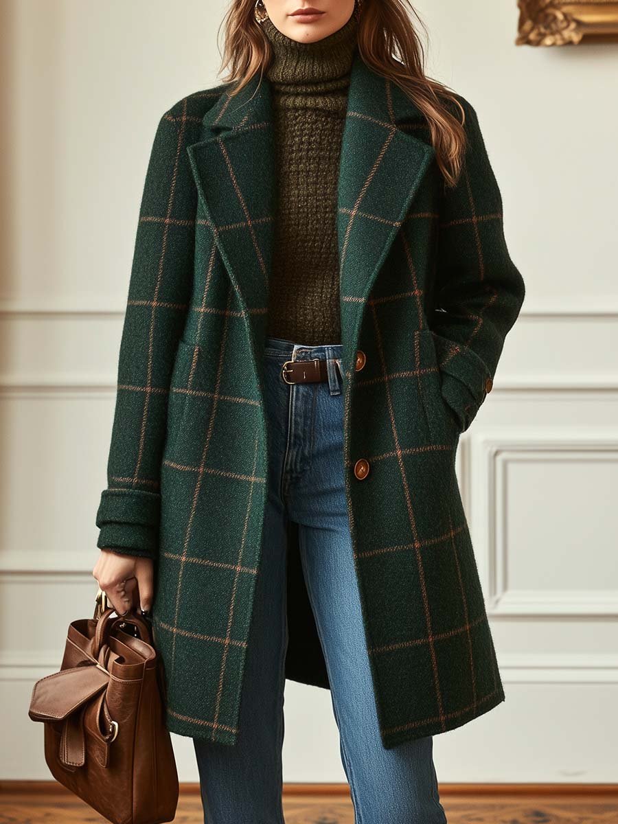 Derelle | Retro Check Tweed Jas met Revers – Vintage Stijl, Lange Mouwen, Klassiek Elegant