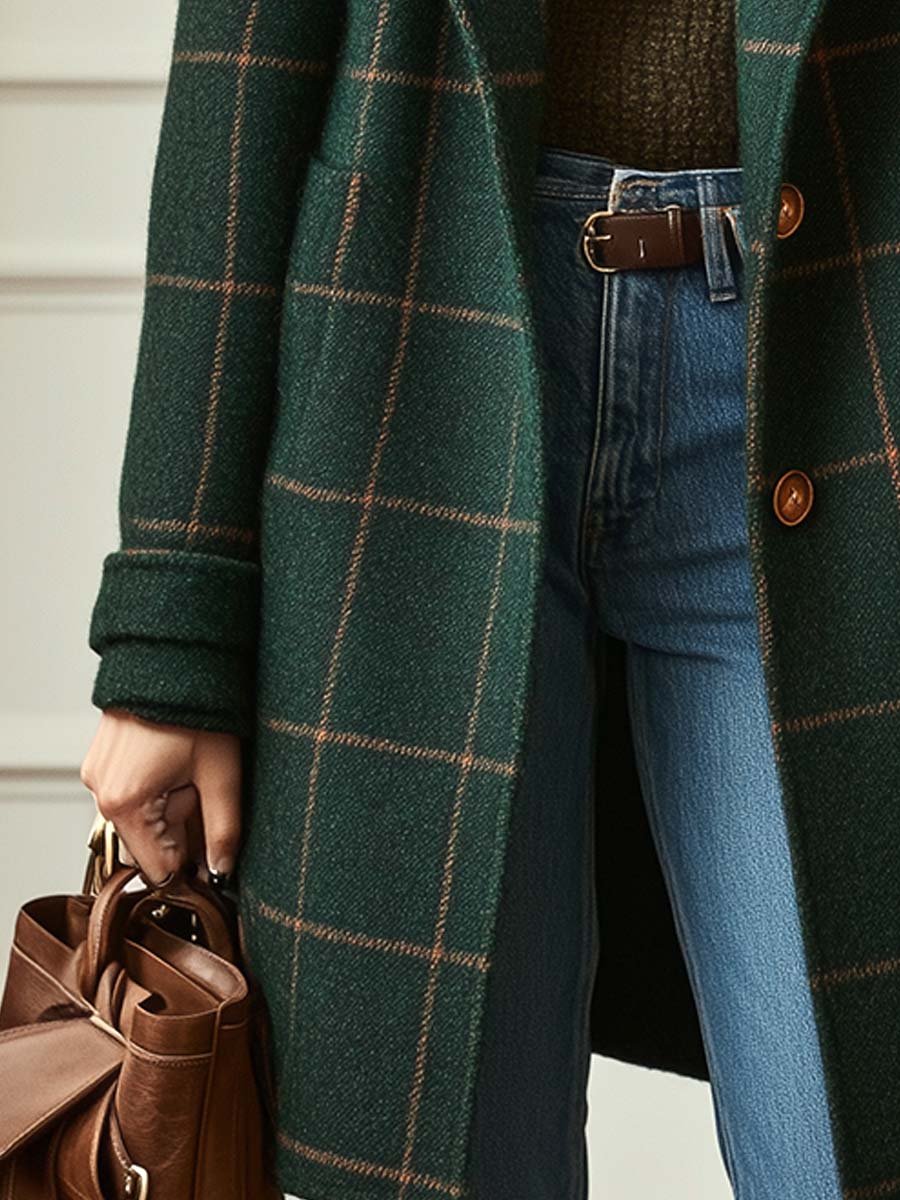 Derelle | Retro Check Tweed Jas met Revers – Vintage Stijl, Lange Mouwen, Klassiek Elegant