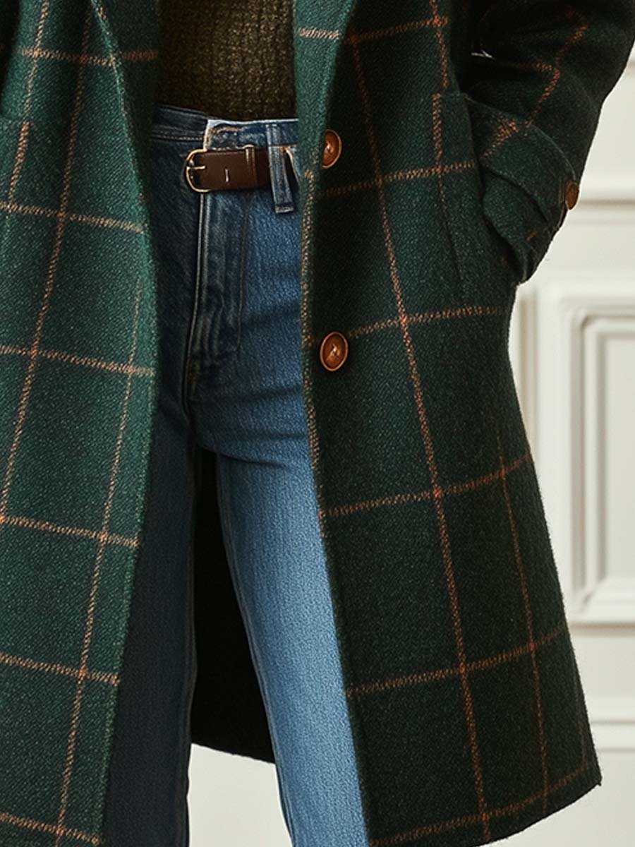 Derelle | Retro Check Tweed Jas met Revers – Vintage Stijl, Lange Mouwen, Klassiek Elegant