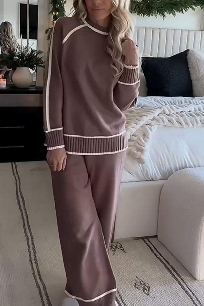 Larise | Dames gebreide tweedelige set – trui met ronde hals en wijde broek