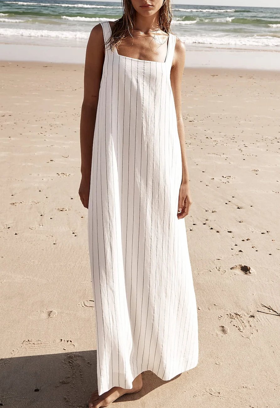 Catalina | Casual Stripe Square Neck Linen Dress