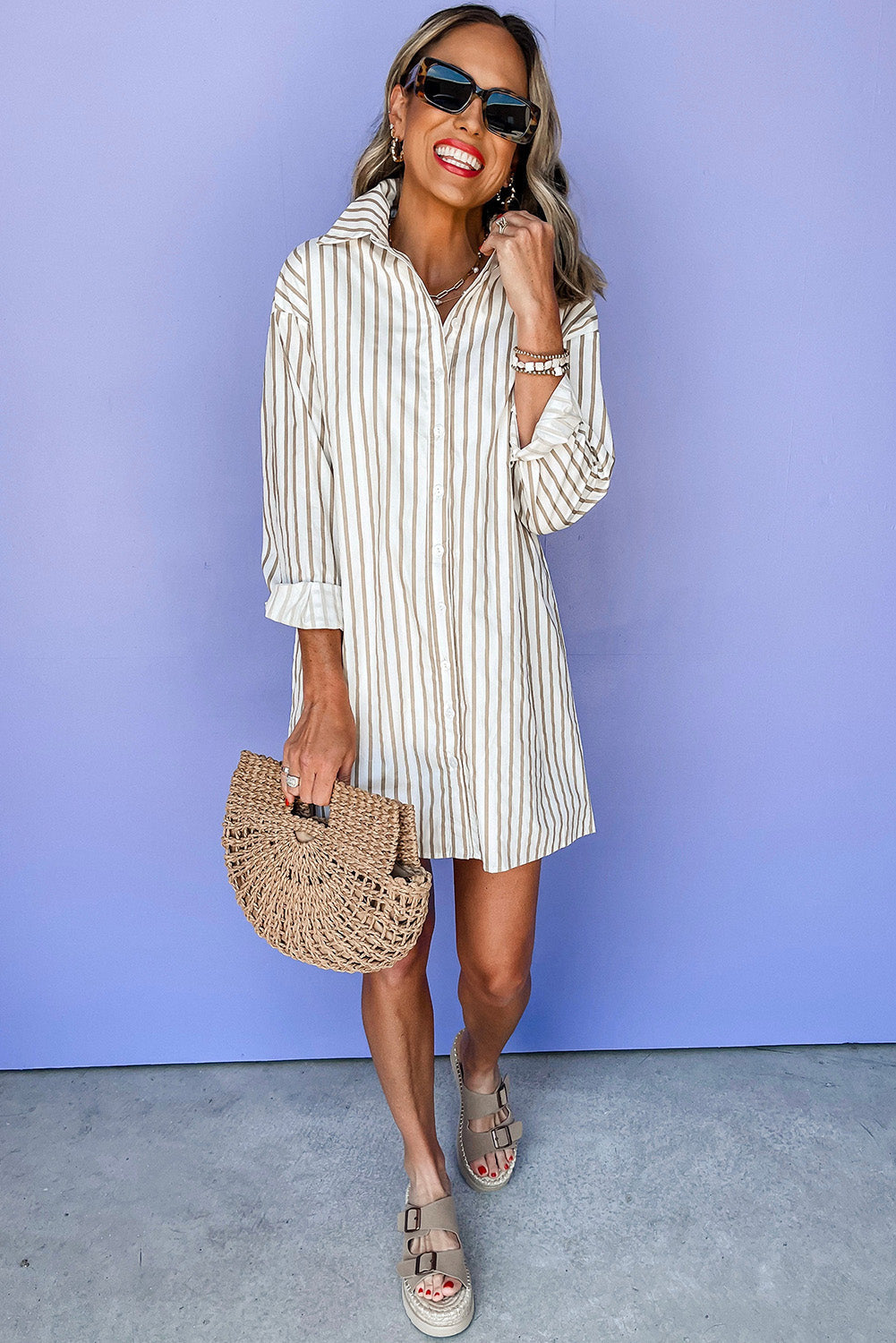 Daevira | Striped women's shirt in khaki - button-up, long sleeves, casual chic