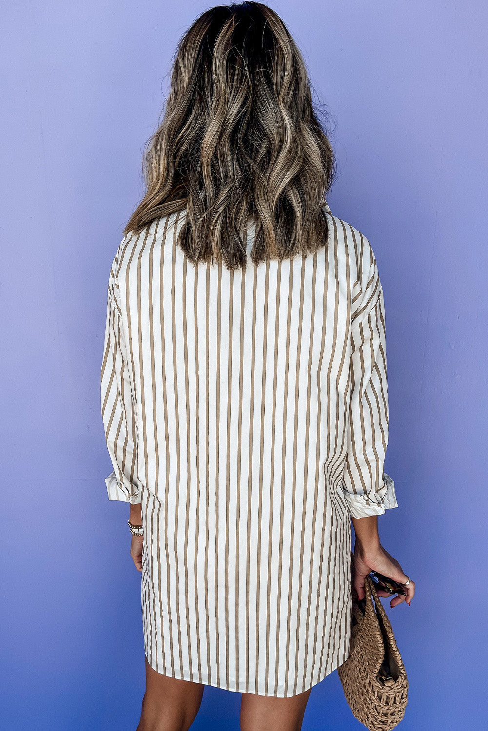 Daevira | Striped women's shirt in khaki - button-up, long sleeves, casual chic