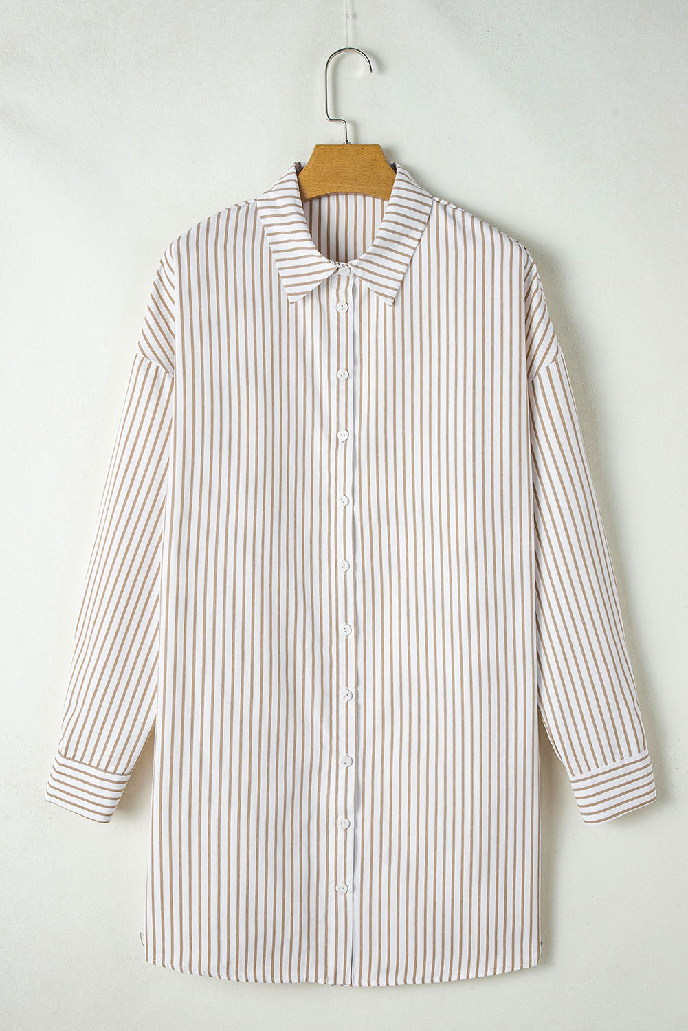 Daevira | Striped women's shirt in khaki - button-up, long sleeves, casual chic
