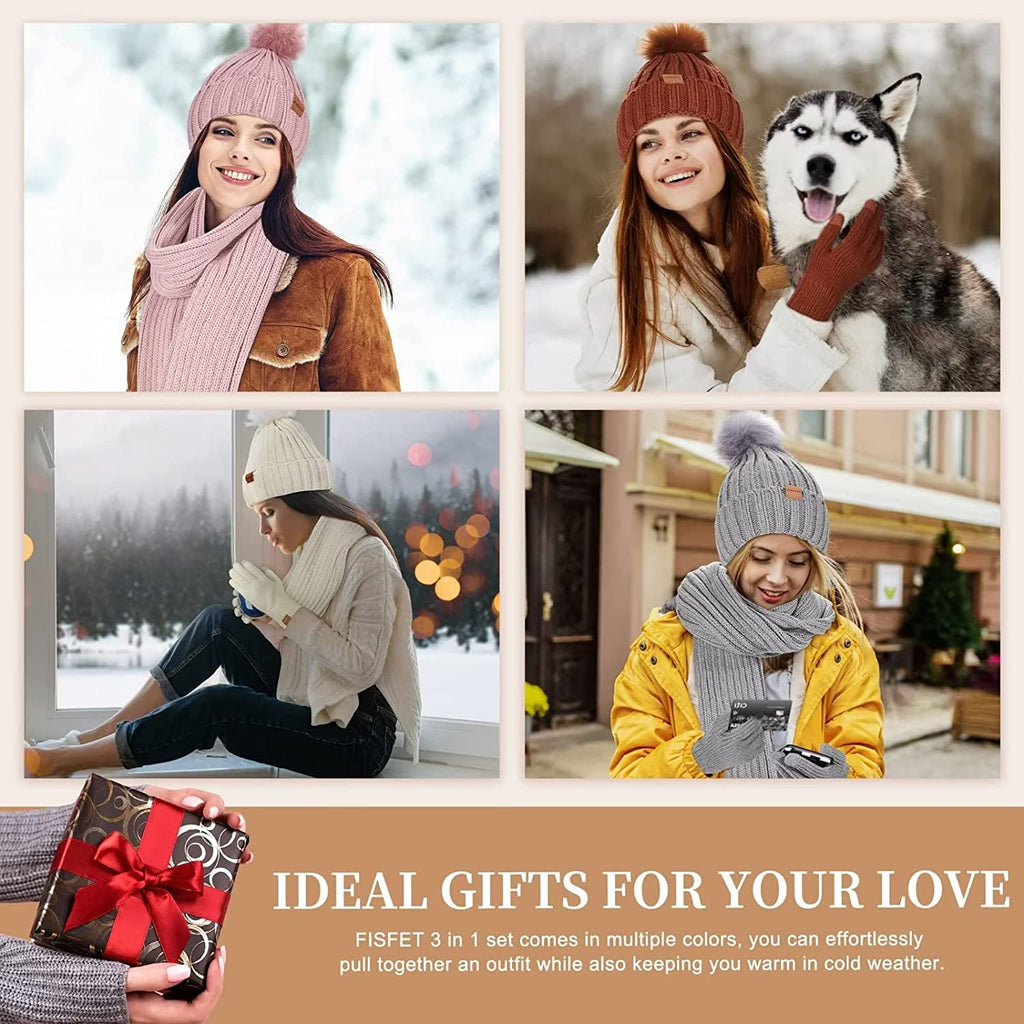 SnugSet | Winterbreiset voor dames – muts, lange sjaal en touchscreenhandschoenen