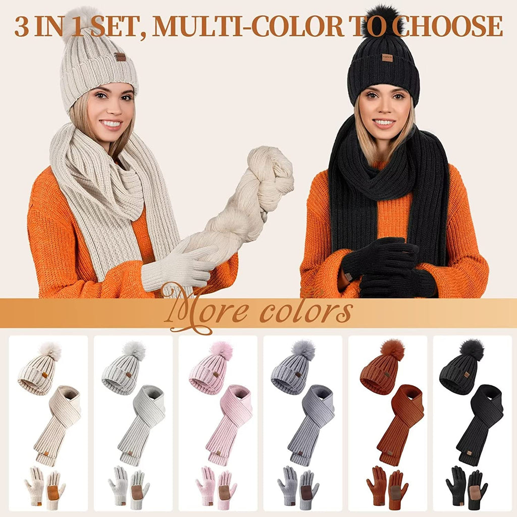 SnugSet | Winterbreiset voor dames – muts, lange sjaal en touchscreenhandschoenen