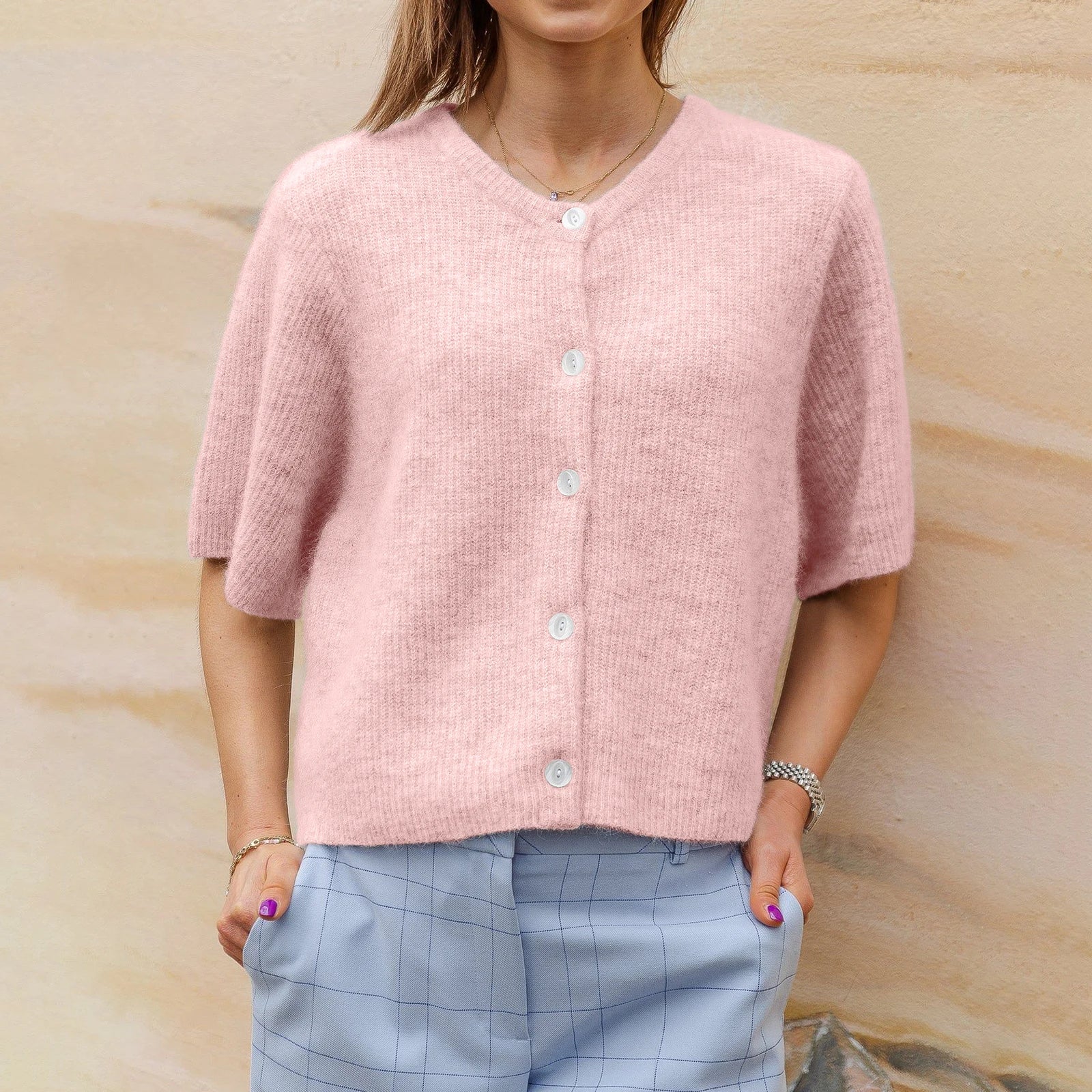 Cavara | Vintage vest met korte mouwen voor dames – Gebreide top met knopen, zachte trui