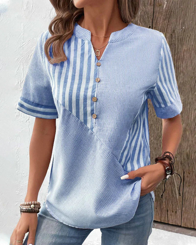 Kresimira | Elegant Striped Patchwork Blouse - Short Sleeve Casual Shirt for Women
