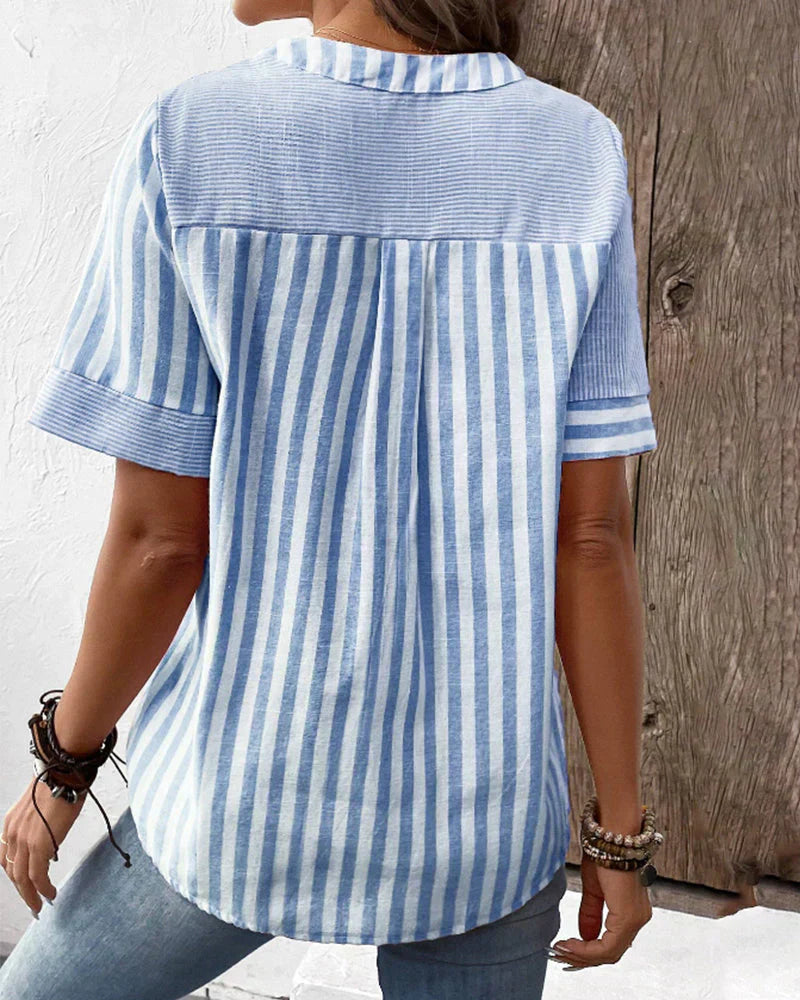 Kresimira | Elegante Gestreepte Patchwork Blouse - Korte Mouw Casual Shirt voor Vrouwen