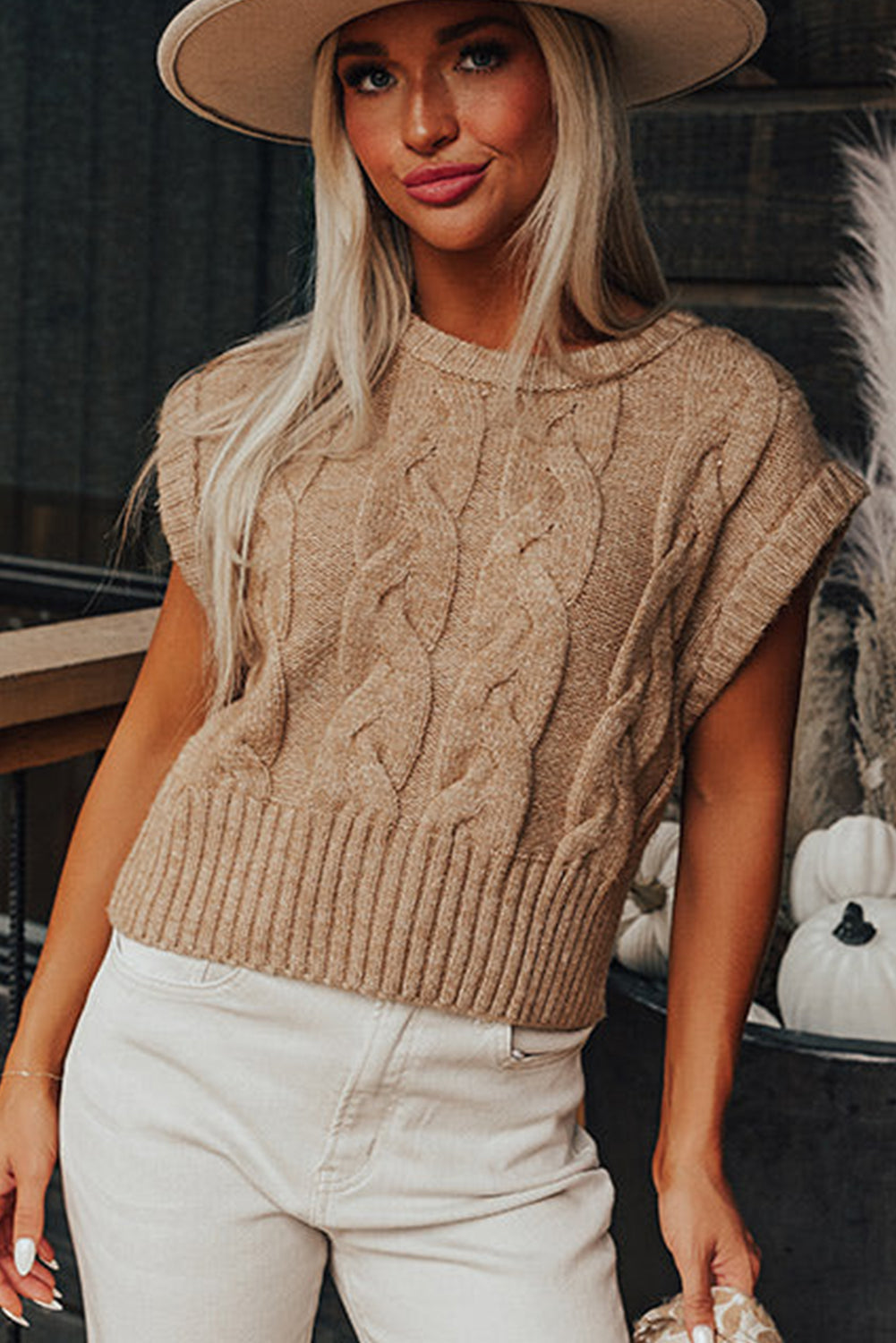 Clio | Beige gebreide trui met kabel voor dames - elegante mouwen met kap, lichtgewicht en stijlvol