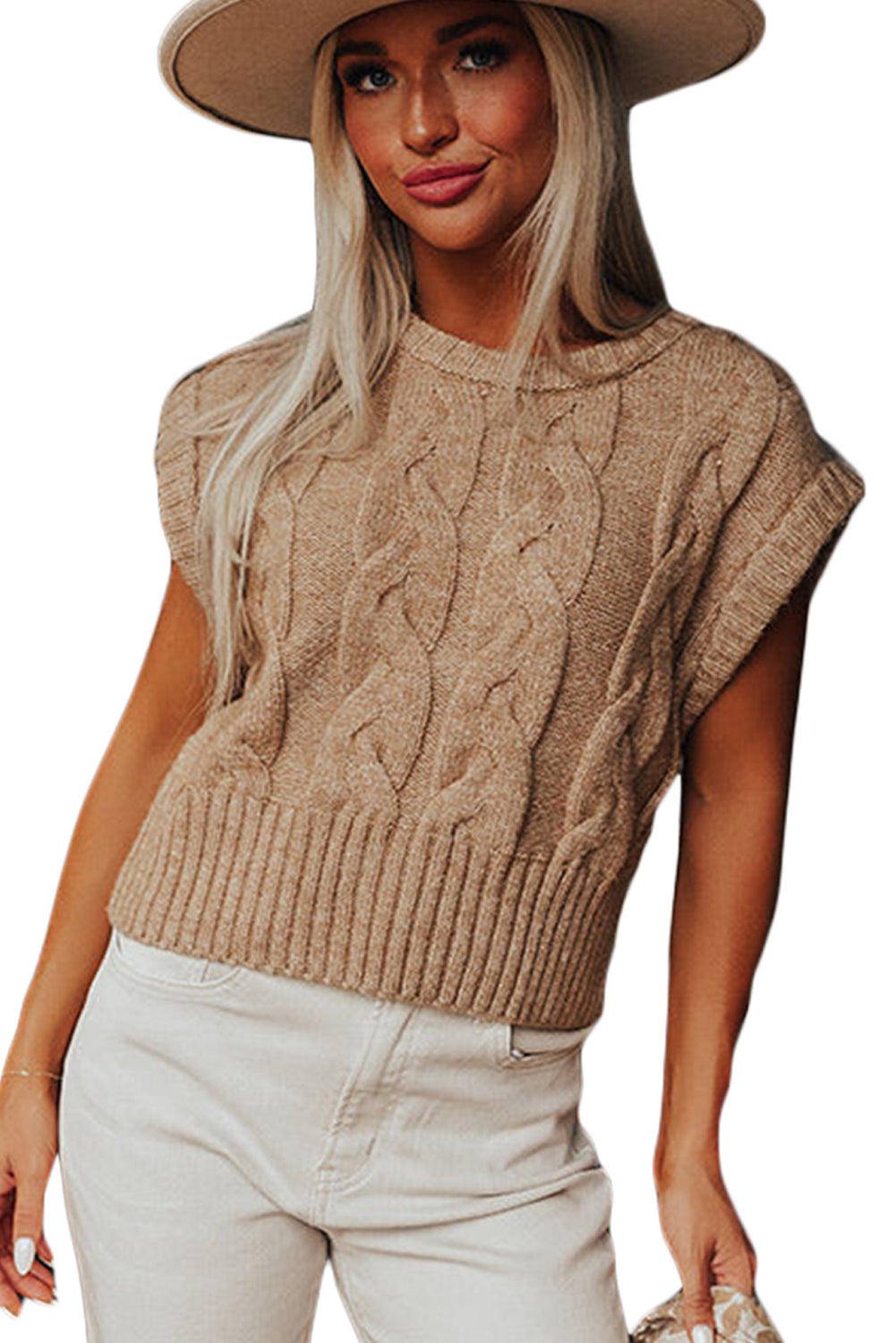 Clio | Beige gebreide trui met kabel voor dames - elegante mouwen met kap, lichtgewicht en stijlvol