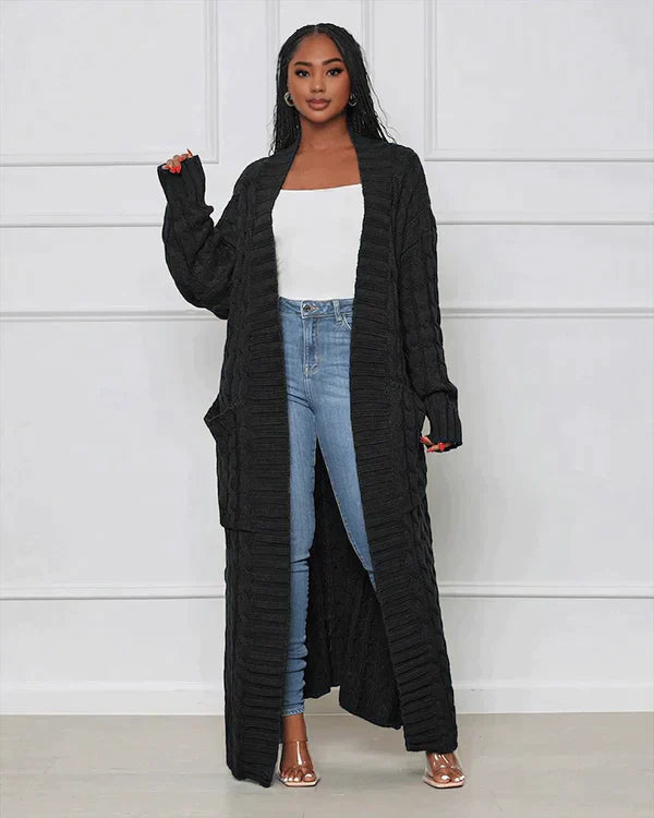 Zynelle | Casual lang vest voor dames met zakken – zachte gebreide trui met open voorkant
