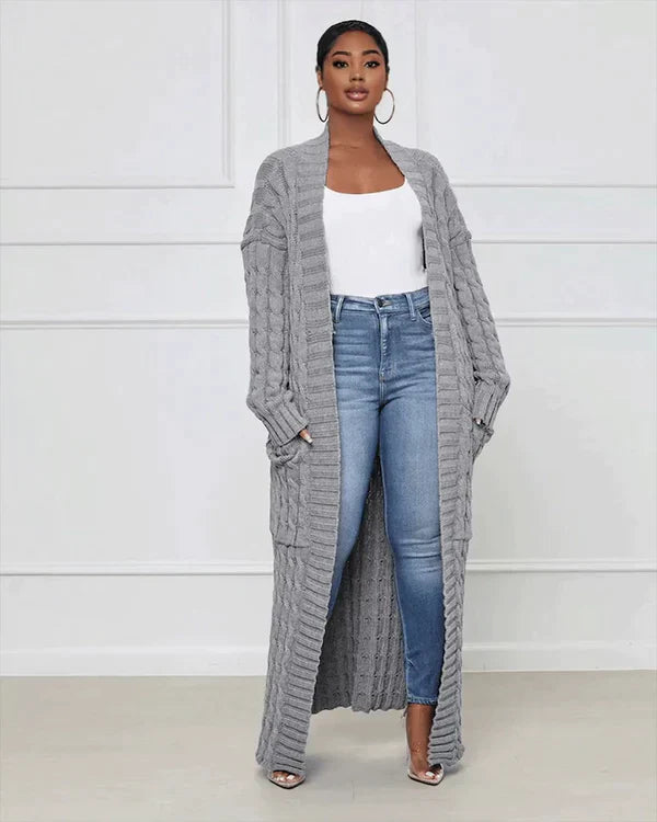Zynelle | Casual lang vest voor dames met zakken – zachte gebreide trui met open voorkant