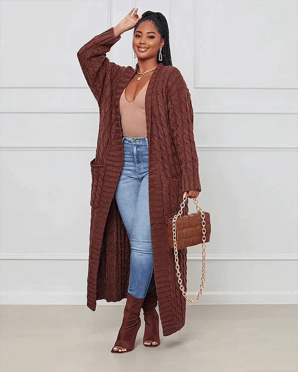 Zynelle | Casual lang vest voor dames met zakken – zachte gebreide trui met open voorkant