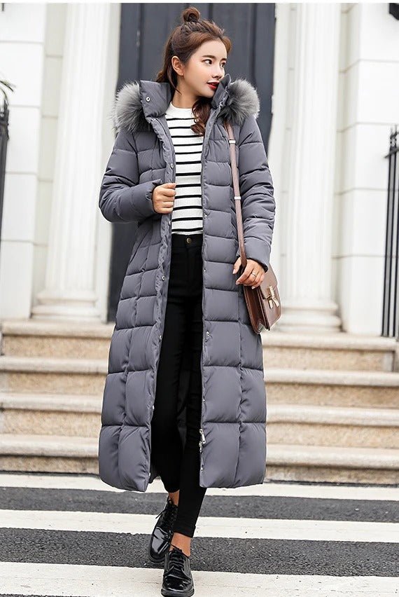 Farah | Longline women's puffer coat with faux fur hood, belted waist, and quilted design - full-length winter warmth and insulation